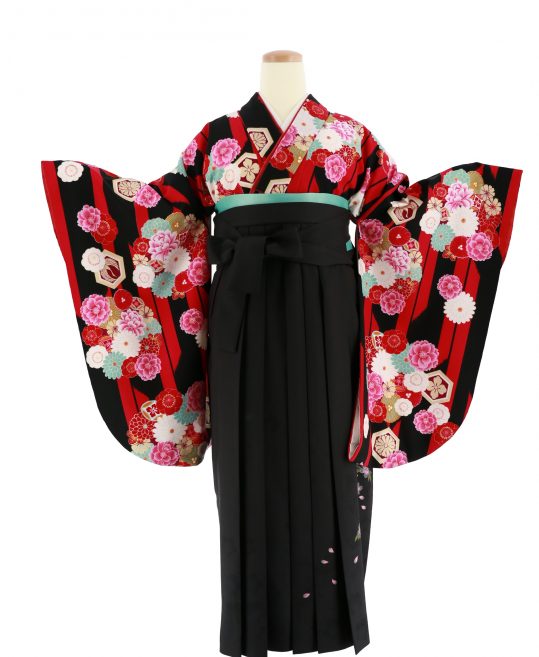 卒業式袴レンタルNo.671[KANSAI][人気柄]黒×ピンク矢絣・花の丸｜着物